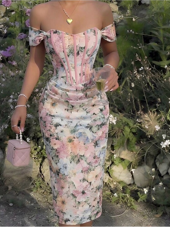 Dresses & Skirts - Off-Shoulder Pink Floral Midi Dress with Corset Detailing size S